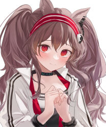 Rule 34 | 1girl, angelina (arknights), arknights, black shirt, blush, brown hair, commentary request, earpiece, embarrassed, frown, hairband, highres, infection monitor (arknights), jacket, long hair, long sleeves, looking at viewer, open clothes, open jacket, own hands together, raramente, red eyes, red hairband, shirt, simple background, solo, striped clothes, striped hairband, twintails, two-tone shirt, upper body, wavy hair, white background, white jacket, white shirt