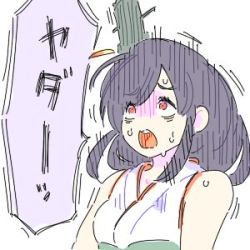 Rule 34 | 1girl, bare shoulders, black hair, jibakurei (elite unchi), kantai collection, lowres, no nose, open mouth, partially colored, red eyes, shaded face, short hair, shouting, solo, speech bubble, sweat, teeth, translated, trembling, upper body, white background, yamashiro (kancolle)