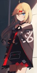 Rule 34 | 1girl, bare shoulders, black gloves, black jacket, blonde hair, blue eyes, closed mouth, collarbone, feet out of frame, fingerless gloves, girls&#039; frontline, gloves, hair ornament, hairclip, heterochromia, highres, hinami047, holding own arm, jacket, long hair, looking at viewer, mg36 (girls&#039; frontline), orange eyes, partially fingerless gloves, simple background, solo, standing