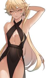 Rule 34 | 1boy, absurdres, aether (genshin impact), akumana, arm up, arms behind back, bare shoulders, black dress, blonde hair, blush, crossdressing, dress, earrings, eyeshadow, genshin impact, half-closed eyes, highres, jewelry, long hair, looking at viewer, makeup, male focus, see-through, see-through dress, signature, smile, solo, trap, twitter username, upper body, white background, yellow eyes