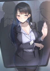 Rule 34 | 1girl, black hair, black jacket, black pantyhose, black skirt, blue shirt, blush, breasts, cleavage, closed mouth, collarbone, collared shirt, commentary request, ear piercing, grey eyes, highres, id card, jacket, large breasts, long hair, long sleeves, looking at viewer, office lady, original, pantyhose, piercing, shirt, shirt tucked in, shougun (chuckni1), skirt, solo focus