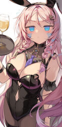 1girl absurdres alcohol alternate_costume animal_ears black_leotard blue_eyes blue_hair braid breasts citlali_(genshin_impact) cleavage closed_mouth clothing_cutout commentary_request cup drinking_glass fake_animal_ears genshin_impact highres holding large_breasts leotard long_hair looking_at_viewer luzzi_(milllim) multicolored_hair navel navel_cutout pantyhose pink_hair playboy_bunny rabbit_ears simple_background solo twin_braids two-tone_hair very_long_hair white_background