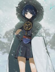 Rule 34 | 1boy, armor, blue hair, blurry, blurry background, coat, coat on shoulders, fur-trimmed coat, fur trim, genshin impact, hand on own hip, highres, hood, hood up, hooded coat, japanese armor, japanese clothes, kote, kurokote, looking at viewer, male focus, outdoors, parted lips, scaramouche (genshin impact), snow, snowing, solo, standing, zxrrops9s23d7na