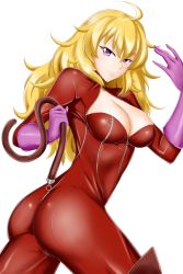 Rule 34 | 1girl, absurdres, ahoge, anal tail, ass, blonde hair, bodysuit, breasts, butt plug, cleavage, cleavage cutout, closed mouth, clothing cutout, cosplay, cowboy shot, curly hair, elbow gloves, fake tail, gloves, hair between eyes, highres, holding, kimmy77, large breasts, long hair, looking at viewer, persona, persona 5, pink gloves, purple eyes, rwby, shiny clothes, solo, standing, tail, takamaki anne, takamaki anne (cosplay), transparent background, v-shaped eyebrows, very long hair, yang xiao long