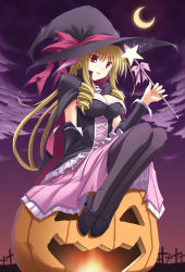 Rule 34 | 00s, 1girl, blonde hair, breasts, cleavage, detached sleeves, drill hair, female focus, full body, halloween, hat, hayate no gotoku!, jack-o&#039;-lantern, large breasts, long hair, moon, outdoors, pantyhose, pumpkin, red eyes, ryouta (ganko tuudere), sky, solo, tennousu athena, wand, witch, witch hat