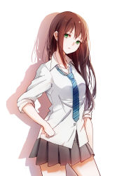 Rule 34 | 10s, 1girl, brown hair, earrings, green eyes, hand on own hip, highres, idolmaster, idolmaster cinderella girls, iven (hongwenwen), jewelry, necktie, shadow, shibuya rin, shirt, skirt, sleeves rolled up, solo, thighs, untucked shirt, white background