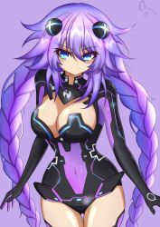 Rule 34 | 1girl, absurdres, artist name, blue eyes, blush, braid, breasts, cleavage, commentary, cowboy shot, crimsle, english commentary, hair between eyes, hair ornament, highres, large breasts, leotard, long hair, looking at viewer, neptune (series), power symbol, power symbol-shaped pupils, purple background, purple hair, purple heart (neptunia), simple background, smile, solo, standing, symbol-shaped pupils, twin braids, very long hair