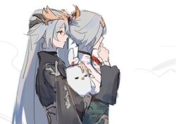 Rule 34 | 2girls, :|, animal, bird, chinese clothes, closed mouth, commentary, dual persona, earrings, english commentary, expressionless, fu hua, fu hua (azure empyrea), fu hua (herrscher of sentience), grey hair, highres, holding, holding animal, honkai (series), honkai impact 3rd, jewelry, long hair, mandarin collar, mii (mii 10297), multiple girls, ponytail, red eyes, simple background, sketch, smile, upper body, white background