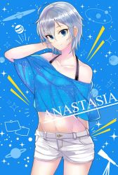 Rule 34 | 10s, 1girl, adjusting hair, anastasia (idolmaster), arm behind back, arm up, ashita (2010), bare shoulders, blue background, blue eyes, blue shirt, breasts, character name, collarbone, commentary request, eyelashes, idolmaster, idolmaster cinderella girls, looking at viewer, medium breasts, midriff, navel, off-shoulder shirt, off shoulder, planet, shirt, short hair, short shorts, shorts, silver hair, smile, solo, sparkle, star (symbol), starry background, telescope, thighs, white shorts