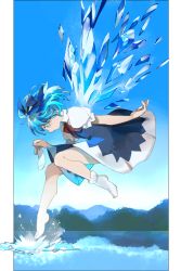 Rule 34 | 1girl, black border, blue bow, blue eyes, blue hair, border, bow, cirno, contrail, full body, hair bow, highres, ice, ice wings, kerok (joniko1110), lake, landscape, leg up, looking down, outstretched arm, puffy short sleeves, puffy sleeves, short sleeves, single sock, snowflakes, socks, unworn socks, solo, touhou, white socks, wings