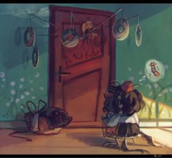 Rule 34 | 2girls, ?, bird legs, black wings, clothes, commentary, door, english text, flower, hat, holding hands, koto inari, letterboxed, lily of the valley, medicine melancholy, multiple girls, pom pom (clothes), shameimaru aya, short hair, speech bubble, su-san, tokin hat, touhou, wings