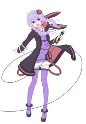 Rule 34 | 1girl, ahoge, animal ear hood, animal ears, ankle cuffs, black footwear, black hood, black jacket, black sleeves, bow, cable, collar, dress, fake animal ears, floating hair, frilled dress, frills, full body, hair ornament, hair over shoulder, headset, holding, holding microphone, hood, hood down, hooded jacket, jacket, long hair, long sleeves, looking at viewer, low twintails, microphone, open clothes, open jacket, open mouth, pom pom (clothes), purple bow, purple dress, purple eyes, purple hair, purple thighhighs, rabbit ears, red hood, red jacket, shiroino (shirayuki mutsuki), shoes, short dress, simple background, solo, striped clothes, striped dress, striped thighhighs, teeth, thighhighs, twintails, two-sided fabric, two-sided hood, two-sided jacket, upper teeth only, v-shaped eyebrows, vertical-striped clothes, vertical-striped dress, vertical-striped thighhighs, vocaloid, voiceroid, white background, white bracelet, white collar, yuzuki yukari, zettai ryouiki