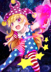 Rule 34 | 1girl, american flag dress, american flag legwear, american flag shirt, blonde hair, blush, clownpiece, fairy wings, hat, highres, jester cap, long hair, looking at viewer, open mouth, outstretched arms, pantyhose, print pantyhose, purple eyes, ryuu (multitask), short sleeves, smile, solo, star (symbol), striped clothes, striped pantyhose, touhou, wings