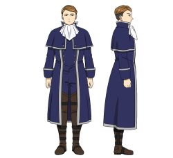 Rule 34 | 1boy, ascot, blue coat, blue pants, boots, brown footwear, brown hair, character sheet, coat, from side, full body, genau (sousou no frieren), male focus, official art, open clothes, open coat, pants, profile, short hair, sleeve cuffs, sousou no frieren, straight-on, thigh boots, transparent background, white ascot