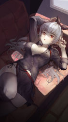 Rule 34 | 00s, 1girl, absurdres, arm up, black bow, black panties, black shirt, black skirt, black thighhighs, blurry, bow, breasts, collared shirt, couch, depth of field, dress shirt, dungeon and fighter, eyebrows, from above, hair bow, highres, indoors, large breasts, long sleeves, looking at viewer, lying, miniskirt, on back, oz (gerbera7), panties, parted lips, pleated skirt, pointy ears, red eyes, red ribbon, ribbon, shade, shirt, side-tie panties, silver hair, skirt, solo, sweat, tears, thighhighs, torn clothes, torn skirt, unbuttoned, unbuttoned shirt, underwear, untied, wet, wet clothes, window