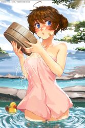 Rule 34 | 1girl, :o, ahoge, bandaid, bandaid on cheek, bandaid on face, bare arms, bare shoulders, basin, blue eyes, blush, brooke (mleth), brown hair, collarbone, commentary, cowboy shot, day, english commentary, hair between eyes, hair bun, looking at viewer, mleth, naked towel, open mouth, original, outdoors, paid reward available, pink towel, ripples, rubber duck, solo, towel, twitter username, wading, water