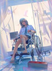 Rule 34 | 1girl, bandaged arm, bandaged head, bandaged leg, bandages, barefoot, bird, blue necktie, closed mouth, collared shirt, curtains, dutch angle, grey eyes, grey hair, grey skirt, highres, indoors, iv stand, knees together feet apart, legs, long hair, long sleeves, looking at viewer, necktie, original, pleated skirt, reflective floor, school uniform, shadow, shirt, sidelocks, sitting, skirt, sleeves rolled up, solo, striped necktie, swept bangs, tile floor, tiles, toes, wataboku, wheelchair