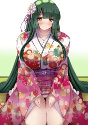 Rule 34 | 1girl, breasts, brown eyes, green hair, highres, japanese clothes, kimono, kimono pull, large breasts, long hair, looking at viewer, panties, smile, solo, thighs, touhoku zunko, underwear, very long hair, vocaloid, voiceroid, yuzumiya mono