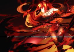 Rule 34 | 1girl, black gloves, bodysuit, breasts, cleavage, crimson avenger (elsword), elbow gloves, elesis (elsword), elsword, floating hair, gloves, holding, holding sword, holding weapon, long hair, medium breasts, red hair, shiny clothes, solo, sword, very long hair, vilor, weapon, yellow eyes