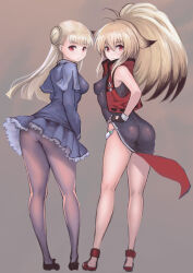 Rule 34 | 2girls, ahoge, ass, blonde hair, china dress, chinese clothes, covered erect nipples, dress, fingerless gloves, gloves, hairpods, highres, ingrid (capcom), johan (johan13), long hair, multicolored hair, multiple girls, panties, panties under pantyhose, pantyhose, project x zone 2, red eyes, sandals, skin tight, two-tone hair, underwear, wind, wind lift, xiaomu