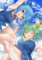 Rule 34 | 2girls, arm up, blue bow, blue dress, blue eyes, blue hair, blue sky, blush, bow, breasts, cirno, closed eyes, cloud, cloudy sky, collar, daiyousei, dress, green hair, hair between eyes, hair ribbon, hands up, highres, holding hands, ice, ice wings, karasusou nano, large breasts, looking at viewer, multiple girls, open mouth, ponytail, red bow, red neckwear, ribbon, short hair, short sleeves, sky, smile, socks, touhou, water, white collar, white sleeves, white socks, wings, yellow neckwear, yellow ribbon