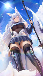 Rule 34 | 1girl, animal ear fluff, animal ears, azur lane, bare shoulders, black thighhighs, blue eyes, blue footwear, blue skirt, blue sky, boots, breasts, chela77, closed mouth, commentary, detached sleeves, english commentary, fox ears, fox girl, fox tail, from below, grey hair, highres, holding, large breasts, leotard, long hair, long sleeves, looking at viewer, looking down, microskirt, multiple tails, official alternate costume, outdoors, shinano (azur lane), shinano (moonlit chrome) (azur lane), skirt, sky, smile, tail, thigh boots, thighhighs, thighhighs under boots