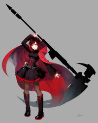 Rule 34 | 1girl, bandolier, belt, black dress, blush, boots, brown hair, bullet, cape, corset, crescent rose, cross, cross-laced footwear, dress, ein lee, frilled skirt, frills, grey eyes, gun, highres, hood, hooded cape, huge weapon, lace-up boots, looking at viewer, official art, over shoulder, pantyhose, purple eyes, red cape, red hair, red hood, red trim, ruby rose, rwby, scythe, short hair, simple background, skirt, solo, weapon, weapon over shoulder