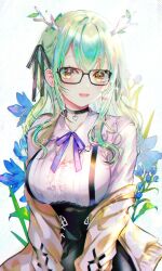 Rule 34 | 1girl, antlers, black-framed eyewear, black choker, black ribbon, black skirt, blue flower, blue ribbon, bow, breasts, cardigan, center frills, ceres fauna, ceres fauna (jirai kei), choker, cleavage, cleavage cutout, clothing cutout, collar, flower, frills, glasses, green hair, hair between eyes, hair flower, hair ornament, hair ribbon, heart, heart choker, high-waist skirt, highres, hololive, hololive english, horns, large breasts, leaf, lipstick, long hair, makeup, mole, mole under eye, neck ribbon, open cardigan, open clothes, open mouth, pink lips, plant, purple bow, purple ribbon, ribbon, shirt, simple background, skirt, smile, solo, sowon, stippling (texture), strap, two side up, upper body, virtual youtuber, white background, white cardigan, white shirt, yellow eyes