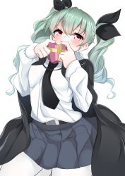Rule 34 | 10s, 1girl, absurdres, anchovy (girls und panzer), blush, box, drill hair, gift, gift box, girls und panzer, green hair, hair ribbon, heart, heart-shaped box, highres, long hair, looking at viewer, military, military uniform, nebusoku, necktie, pantyhose, red eyes, ribbon, school uniform, simple background, skirt, solo, twin drills, twintails, uniform, valentine, white pantyhose
