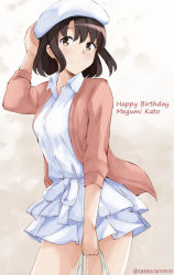 Rule 34 | 1girl, arm up, bad id, bad pixiv id, beret, blush, brown background, brown eyes, brown hair, casual, character name, closed mouth, collared dress, cowboy shot, dress, gradient background, hand on headwear, happy birthday, hat, jacket, katou megumi, layered skirt, long sleeves, looking at viewer, open clothes, open jacket, pink jacket, saenai heroine no sodatekata, short hair, skirt, smile, solo, standing, tareme, tasora, twitter username, white dress, white hat, wing collar