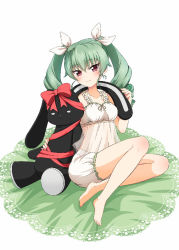 Rule 34 | 10s, 1girl, anchovy (girls und panzer), blouse, blush, breasts, full body, girls und panzer, green hair, hair ornament, hair ribbon, head tilt, holding, holding stuffed toy, long hair, looking at viewer, medium breasts, parda siko, purple eyes, ribbon, shirt, sitting, smile, solo, stuffed animal, stuffed rabbit, stuffed toy, twintails, white background, white shirt