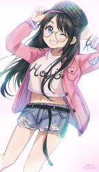 Rule 34 | 1girl, arm behind head, artist name, belt, black hair, blue eyes, blush, bracelet, breasts, crop top, cropped shirt, denim, denim shorts, glasses, grin, hat, highres, holding, holding clothes, holding hat, idolmaster, idolmaster shiny colors, jacket, jewelry, long hair, long sleeves, looking at viewer, midriff, mitsumine yuika, multicolored nails, navel, one eye closed, pink jacket, shorts, simple background, small breasts, smile, solo, soramame tomu, standing, torn clothes, torn shorts, white background