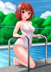 Rule 34 | 1girl, :d, bare arms, bare legs, bare shoulders, barefoot, blue sky, blush, breasts, brown eyes, brown hair, chain-link fence, cloud, collarbone, commentary request, covered erect nipples, day, fence, hair ornament, hairclip, highres, kaze makase, looking at viewer, medium breasts, mole, mole under eye, old school swimsuit, one-piece swimsuit, open mouth, original, outdoors, pool, poolside, school swimsuit, sky, smile, solo, swimsuit, water, wet, wet hair, x hair ornament