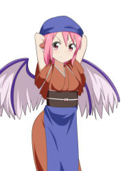Rule 34 | 1girl, anime coloring, apron, arms behind head, arms up, bird wings, blue apron, breasts, brown kimono, cato (monocatienus), commentary request, cowboy shot, furrowed brow, japanese clothes, kimono, looking at viewer, mystia lorelei, obi, okamisty, pink eyes, pink hair, sash, short hair, simple background, small breasts, smile, solo, standing, tasuki, tenugui, touhou, tsurime, v-shaped eyebrows, waist apron, white background, wings