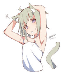 Rule 34 | 1girl, :o, animal ears, armpits, arms up, bare arms, bare shoulders, blush, breasts, camisole, cat ears, cat girl, cat tail, dated, green hair, head tilt, looking at viewer, maze (gochama ze gohan), original, parted lips, purple eyes, signature, simple background, small breasts, solo, tail, white background, white camisole