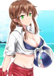 Rule 34 | 1girl, absurdres, ball, beach, beachball, bikini, black bikini, blue sky, braid, breasts, brown hair, cleavage, cloud, day, green eyes, highres, kantai collection, large breasts, looking at viewer, nipa (graf xsr900), noshiro (kancolle), official alternate costume, open clothes, open shirt, outdoors, red scrunchie, red shorts, scrunchie, shirt, shorts, sky, solo, swept bangs, swimsuit, tied shirt, twin braids, upper body, white shirt, wrist scrunchie