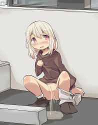 Rule 34 | 1girl, black footwear, blush, brown shirt, embarrassed, female focus, full body, hand up, highres, kamome shop, long sleeves, looking away, looking to the side, no panties, nose blush, open mouth, original, outdoors, parking lot, peeing, platinum blonde hair, puddle, pussy, red eyes, shirt, shoes, short hair, short shorts, shorts, shorts around one leg, socks, solo, spread legs, squatting, uncensored, white shorts, white socks
