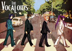 Rule 34 | 4boys, abbey road, album cover, album cover redraw, barefoot, blue scarf, car, copyright name, cover, crosswalk, day, derivative work, formal, glasses, hair ornament, hairclip, hands in pockets, headphones, hiyama kiyoteru, kagamine len, kaito (vocaloid), kamui gakupo, lamppost, looking at viewer, male focus, motor vehicle, multiple boys, parody, parted bangs, paulie1143, ponytail, road, scarf, shadow, shoes, sidelocks, sky, street, suit, the beatles, tree, vehicle, vocaloid