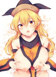 Rule 34 | 1girl, blonde hair, blush, breasts, brown hat, cape, detached sleeves, eyes visible through hair, hair between eyes, hands on own chest, hat, highres, lactation, lactation through clothes, large breasts, long hair, long sleeves, looking at viewer, matara okina, nipples, open mouth, orange cape, simple background, solo, standing, tama (soon32281), touhou, white background, yellow eyes
