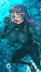 Rule 34 | 1girl, absurdres, air bubble, bodysuit, breasts, bubble, diving mask, diving regulator, diving suit, flippers, gloves, goggles, highres, kaga kasama, large breasts, medium breasts, original, oxygen tank, scuba, scuba gear, scuba tank, skin tight, underwater, wetsuit