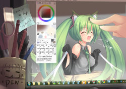Rule 34 | 1girl, animal ears, box, cat ears, closed eyes, cup, dreamlight2000, english text, fang, folder, google, google chrome, green hair, happy, hatsune miku, heart, highres, in box, in container, kemonomimi mode, live messenger, long hair, microsoft windows, monitor, mug, necktie, nyan, open mouth, paint tool sai, painttool sai, poking, scissors, smile, solo focus, spring onion, twintails, very long hair, vocaloid, windows 7