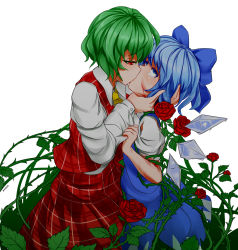 Rule 34 | 2girls, ascot, blood, blue bow, blue dress, blue eyes, blue hair, bow, cirno, commentary, cowboy shot, crying, crying with eyes open, dress, english commentary, flower, from side, green hair, hair bow, highres, ice, ice wings, kazami yuuka, kiss, long sleeves, looking at another, multiple girls, pan-ooh, pinafore dress, plaid, plaid skirt, plaid vest, profile, puffy short sleeves, puffy sleeves, red eyes, red flower, red rose, red skirt, red vest, rose, shirt, short hair, short sleeves, simple background, skirt, skirt set, sleeveless dress, standing, tears, thorns, touhou, vest, white background, white shirt, wings, yellow ascot, yuri