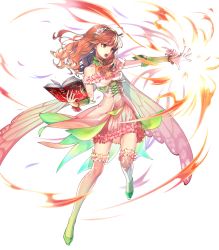 Rule 34 | 1girl, alternate costume, bare shoulders, book, bridal gauntlets, cape, celica (fire emblem), detached collar, dress, earrings, female focus, fire emblem, fire emblem echoes: shadows of valentia, fire emblem heroes, flower, frilled skirt, frills, full body, gradient clothes, green footwear, hair ornament, hairband, highres, holding, holding book, jewelry, kaekae, long hair, looking away, magic, matching hair/eyes, nintendo, official alternate costume, official art, open book, open mouth, pink dress, red eyes, red hair, shoes, skirt, sleeveless, thighhighs, transparent background, zettai ryouiki