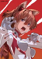Rule 34 | 1girl, 2024, animal ears, blue eyes, bodysuit, breasts, brown hair, claw pose, dated, evangelion: 3.0+1.0 thrice upon a time, fangs, highres, interface headset, long hair, neon genesis evangelion, open mouth, plugsuit, rebuild of evangelion, simple background, solo, souryuu asuka langley, upper body, white bodysuit, yagisawa teru