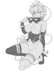 Rule 34 | 1girl, alternate costume, blush, breasts, bridal garter, choker, closed mouth, commentary request, corset, detached sleeves, eyeball, frilled choker, frills, full body, greyscale, hair ornament, hairband, heart, heart hair ornament, highres, kneeling, komeiji satori, large breasts, looking at viewer, mask, masquerade mask, messy hair, monochrome, navel, nipples, no panties, ootsuki wataru, paid reward available, shiny skin, short hair, simple background, single thighhigh, skindentation, smile, solo, thighhighs, third eye, touhou, wrist cuffs