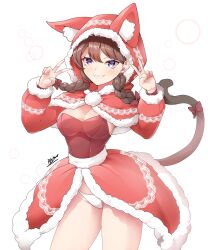 Rule 34 | 1girl, absurdres, animal ears, blue eyes, blush, bow, bowtie, braid, breasts, cat tail, christmas, fake animal ears, highres, hood, medium breasts, minya (nyanko daisensou), nyanko daisensou, panties, pantyshot, signature, smile, tail, thighs, underwear, user ktrx7538, v, white background, white panties