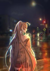 Rule 34 | 1girl, ahoge, blurry, blurry background, brown eyes, brown hair, brown hoodie, building, car, chromatic aberration, city lights, crosswalk, depth of field, facing away, highres, hololive, hololive english, hood, hoodie, l yth, lamppost, long hair, looking at viewer, motor vehicle, multicolored hair, nanashi mumei, neon lights, night, photo background, ponytail, rain, red shorts, reflection, reflective water, road, road sign, shirt, shorts, sidewalk, sign, single thighhigh, solo, streaked hair, street, thighhighs, traffic light, tree, very long hair, virtual youtuber, wet pavement, white shirt