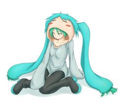 Rule 34 | :t, baggy clothes, blush, collarbone, cosplay, costume, green eyes, green hair, hatsune miku, jaco, long sleeves, no bra, solo, twintails, vocaloid