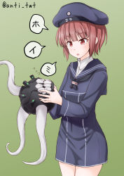 Rule 34 | 10s, 1girl, abyssal ship, anti (untea9), brown hair, clothes writing, commentary request, enemy naval mine (kancolle), hat, highres, holding, kantai collection, long sleeves, looking at another, name tag, red eyes, sailor collar, sailor hat, short hair, tentacles, thigh gap, twitter username, z3 max schultz (kancolle)