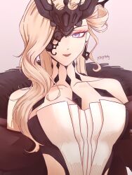 1girl artist_name bare_shoulders black_mask blonde_hair blue_eyes breasts butterfly_mask cape cleavage dress eye_mask fur_trim genshin_impact half_mask jewelry lace-trimmed_eyepatch long_hair mask mask_over_one_eye one_eye_covered p1ssp4rty pink_background red_cape red_lips signora_(genshin_impact) simple_background smile solo strapless strapless_dress upper_body white_dress